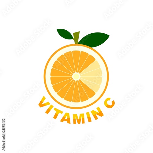 Vitamin C sign on orange fruit, nutrition logo label illustration.