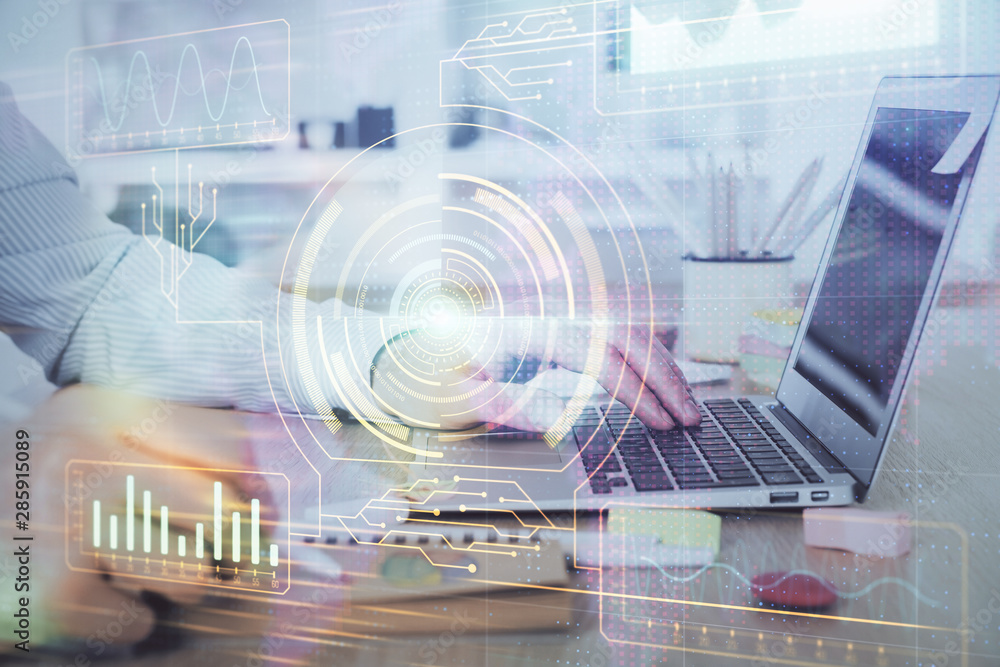 Businessman working on Laptop with technology theme drawing. Concept of big data. Double exposure. Businessman working on Laptop with technology theme drawing. Concept of big data. Double exposure.