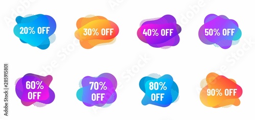 discount from 20 to 90 percent sale offer color bubbles. abstract gradient banner with flowing liquid shapes illustration for promo advertising discounts. abstract fluid vector bubbles with discounts