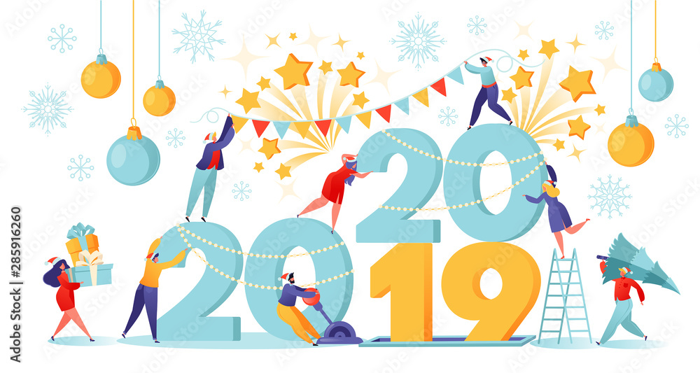 Fototapeta premium Little flat people characters preparing for the New Year. They engaged decoration for the New Year, change numbers 21019 for 2020, man presses lever. Happy people in anticipation of the holiday.