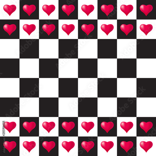 Seamless pattern with hearts on the chessboard. Symbol of love game. Vector illustration EPS10