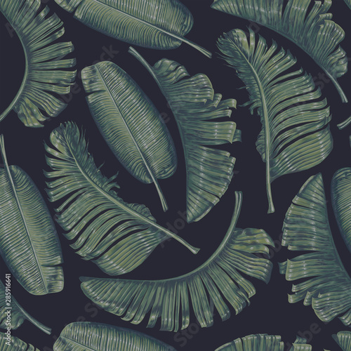 Seamless pattern with vintage dark banana palm leaves  in realistic style with high details. Tropical elements for, poster, patterns, wallpapers, T-Shirt prints, backgrounds, surface texture.