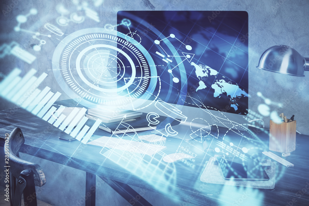 Multi exposure of business theme icons and table with computer background. Concept of success. Multi exposure of business theme icons and table with computer background. Concept of success.