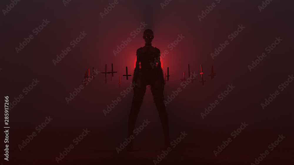 Black Seductive Sexy Biker Demon Woman in Spiky Bodice and Leather Boots with Upside Down Floating Crosses Abstract Demon in a Foggy Void Front View 3d illustration 3d render  	