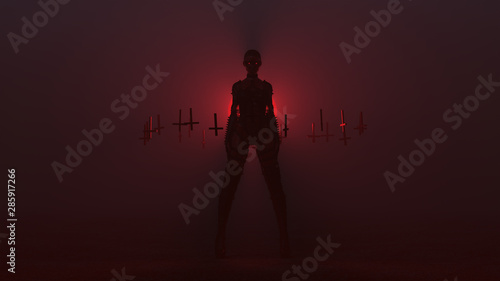 Black Seductive Sexy Biker Demon Woman in Spiky Bodice and Leather Boots with Upside Down Floating Crosses Abstract Demon in a Foggy Void Front View 3d illustration 3d render 