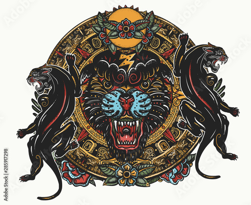 Black panthers and mayan sun calendar. Wild cats totem, jungle art. Mesoamerican mexican culture. Esoteric color tattoo and t-shirt design