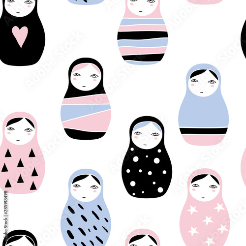 Nesting doll texture. Matryoshka, Russian doll with heart, dots and triangles. Seamless pattern with cute cartoon traditional wooden toys. Minimalistic geometric ornaments. Kids theme
