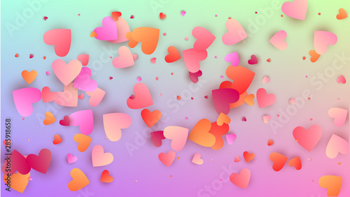 Valentine's Day Background. Heart Confetti Pattern. Banner Template. Many Random Falling Pink Hearts on Hologram Backdrop. Vector Valentine's Day Background.