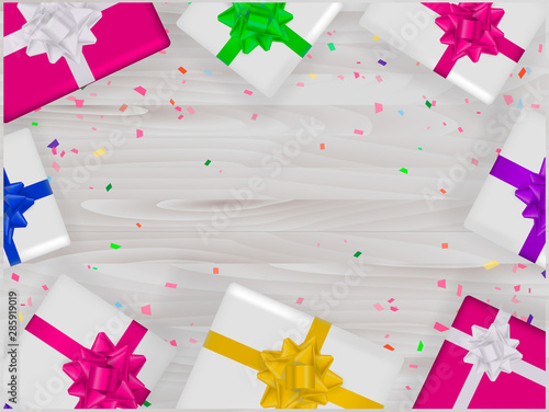 Background with many gift boxes with spaace for text. Vector illustration photo