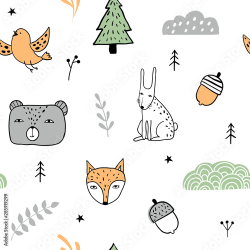 Forest colorful seamless pattern. Sketch texture for textile, paper, nursery design. Animals bear, fox, hare, bird. Clouds, plants and herbs. Cute hand drawn cartoon illustration. Freehand doodle