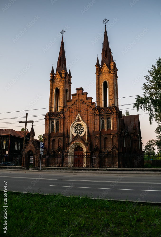 Roman Catholic church, organ hall during sunset, Krasnoyarsk, Russia