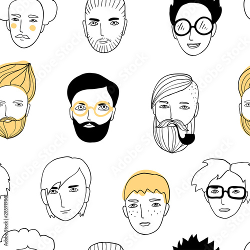 Seamless pattern with cute faces of people. Doodle portraits of guys. Trendy hand drawn background. Line art, sketch style cartoon vector illustration. Outline avatars textture for textile, paper