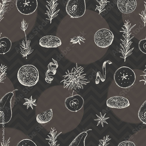 Seamless pattern with hand drawn Christmas winter spices, orange slices, pear, apple, rosemary. Good idea for templates menu, recipes, greeting cards.