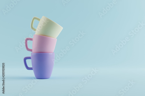 Stack of coffee cups on light background; 3D render