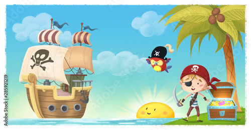 pirate boy with ship on an island
