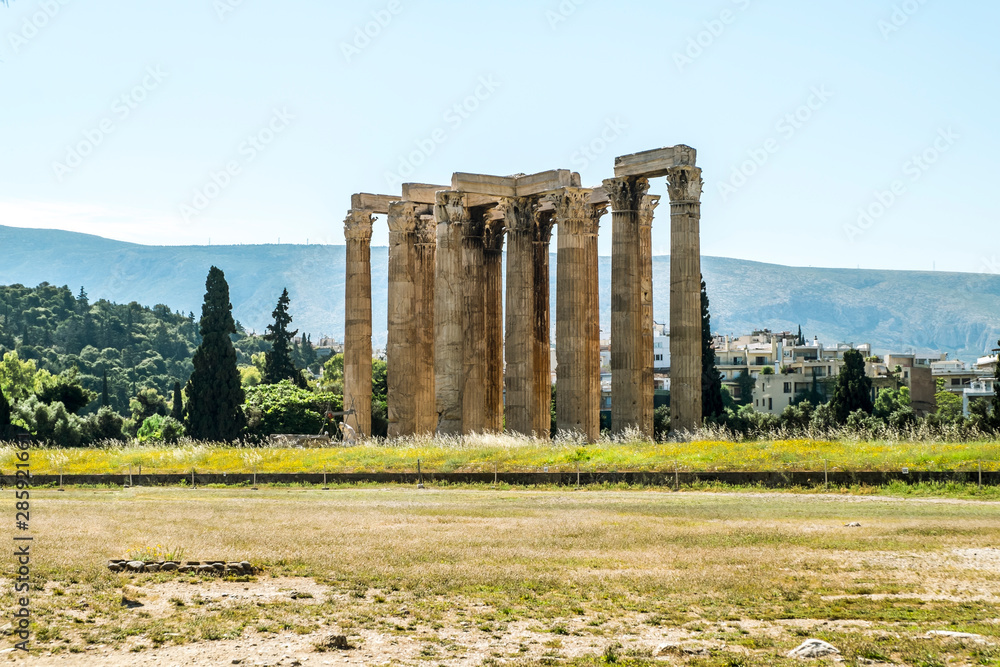 Panorama of Athens and the columns of the temple of  Zeus Olympian.
