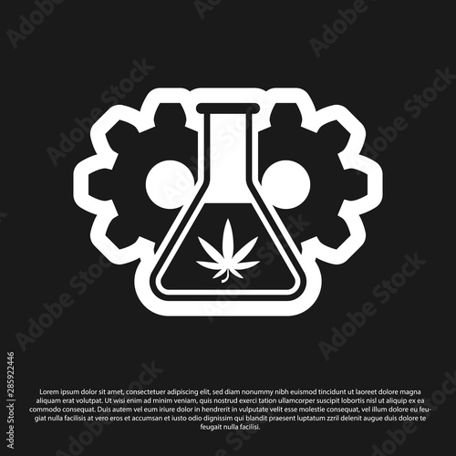 Black Chemical test tube with marijuana or cannabis leaf icon isolated on black background. Research concept. Laboratory CBD oil concept. Vector Illustration