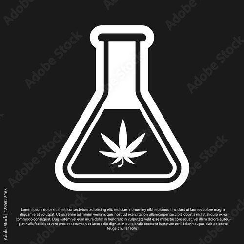 Black Chemical test tube with marijuana or cannabis leaf icon isolated on black background. Research concept. Laboratory CBD oil concept. Vector Illustration