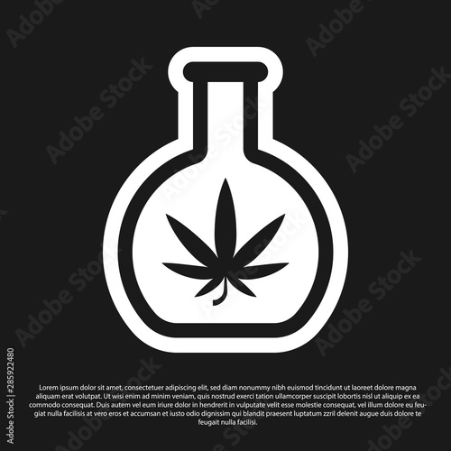 Black Chemical test tube with marijuana or cannabis leaf icon isolated on black background. Research concept. Laboratory CBD oil concept. Vector Illustration