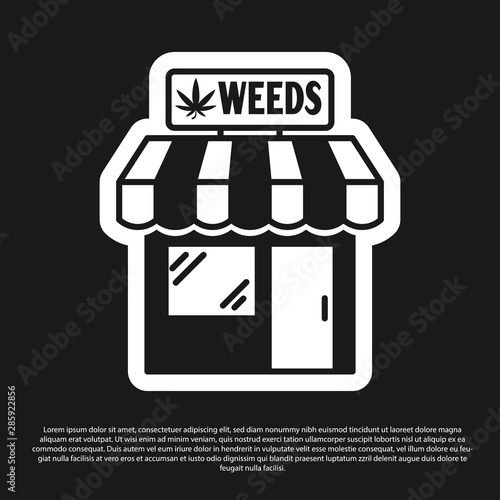 Black Marijuana and cannabis store icon isolated on black background. Equipment and accessories for smoking, storing medical cannabis. Vector Illustration