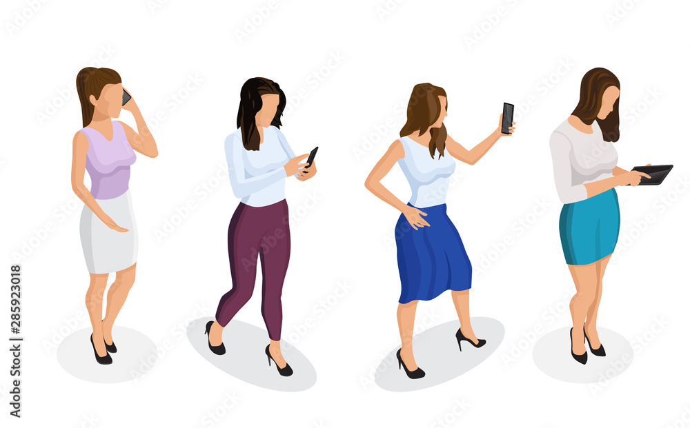 Young girl or woman talking on a smartphone, looking at the phone, working on a tablet, taking a selfie.