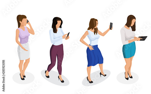 Young girl or woman talking on a smartphone, looking at the phone, working on a tablet, taking a selfie.