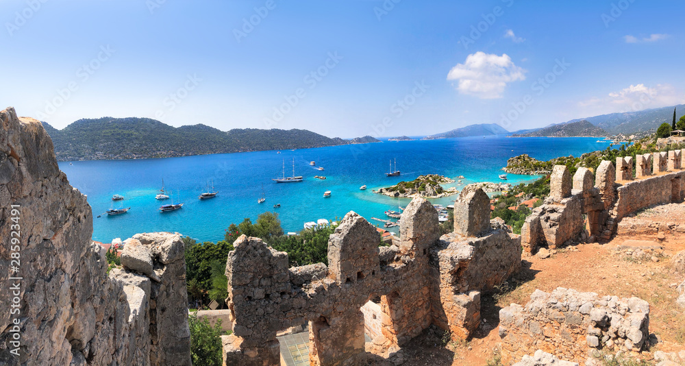 Naklejka premium View of Simena Castle, Kaleköy and Kekova with a turquoise sea in a summer time.Simena / Kekova / Demre / Antalya