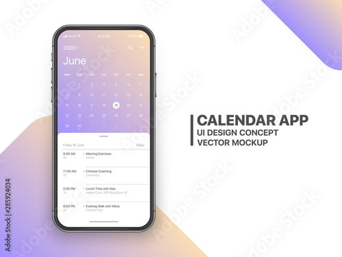 Calendar App Concept June 2020 Page with To Do List and Tasks UI UX Design Mockup Vector on Frameless Smartphone Screen Isolated on White Background. Planner Application Template for Mobile Phone