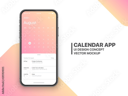 Calendar App Concept August 2020 Page with To Do List and Tasks UI UX Design Mockup Vector on Frameless Iphone 11 Screen Isolated on White Background. Planner Application Template for Mobile Phone