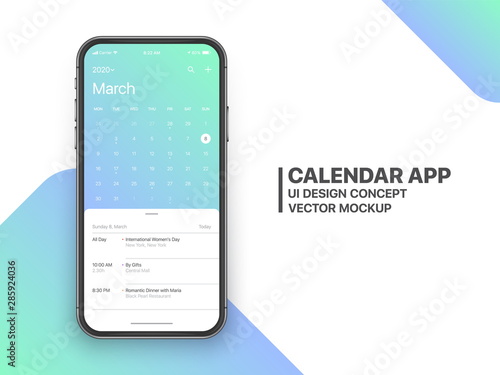 Calendar App Concept March 2020 Page with To Do List and Tasks UI UX Design Mockup Vector on Frameless Smartphone Screen Isolated on White Background. Planner Application Template for Mobile Phone