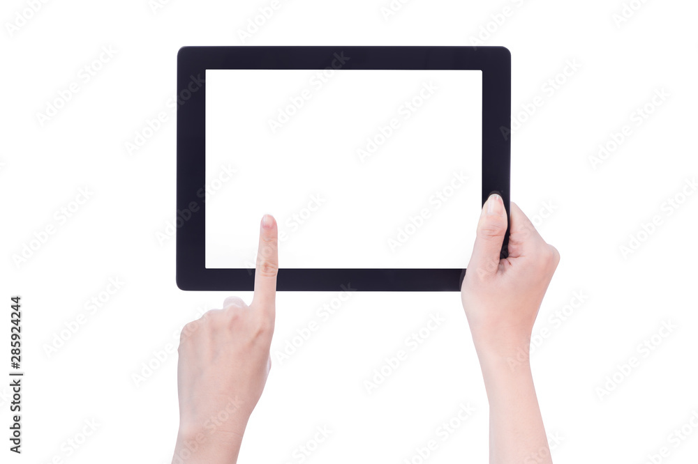Young beautiful girl holding a black tablet pc template with white screen isolated on white background, close up, mock up, clipping path, cut out Young beautiful girl holding a black tablet pc template with white screen isolated on white background, close up, mock up, clipping path, cut out