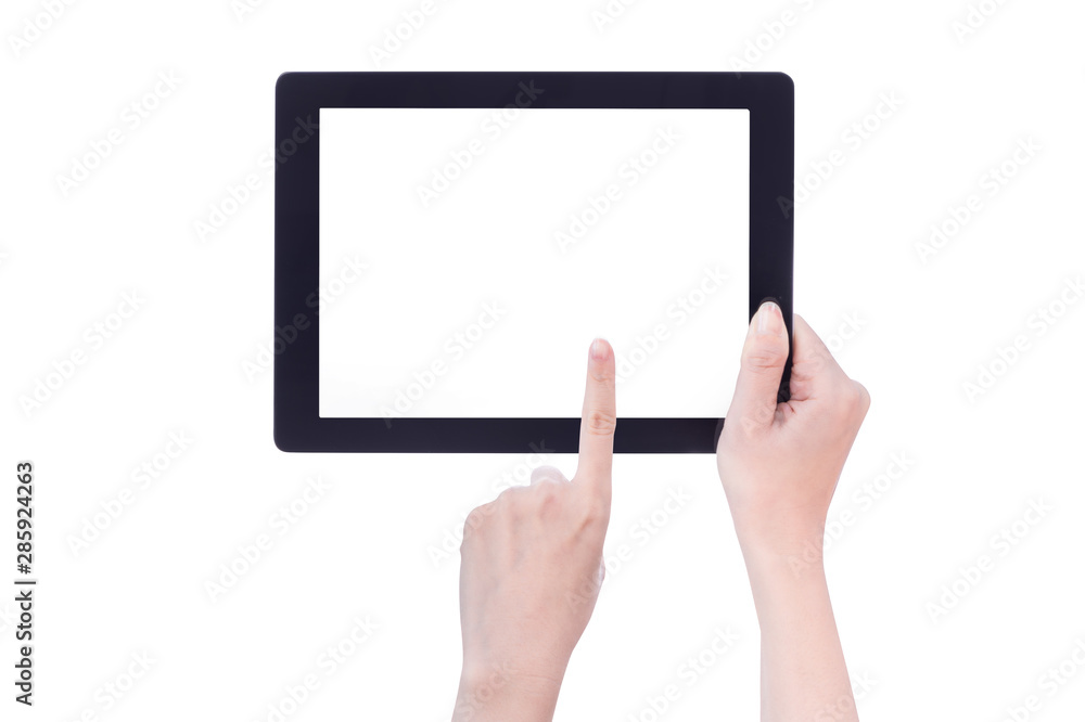 Young beautiful girl holding a black tablet pc template with white screen isolated on white background, close up, mock up, clipping path, cut out
