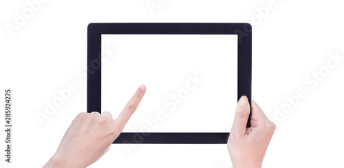 Young beautiful girl holding a black tablet pc template with white screen isolated on white background, close up, mock up, clipping path, cut out