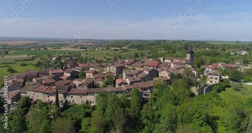 Pérouges aerial lateral traveling, Ain, labelled Les Plus Beaux Villages de France photo