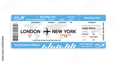 Airplane boarding pass ticket isolated on white background. Concept of travel, journey or business trip. Vector illustration.