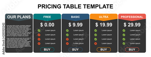 Pricing table, plan  list, or comparison template vector. Business presentation, infographic, website element, hosting plan