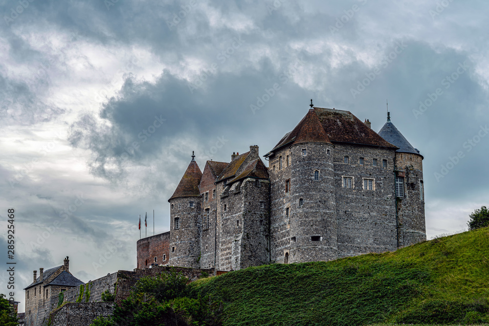 Ancient castle at the cloudy sky, Dieppe, France