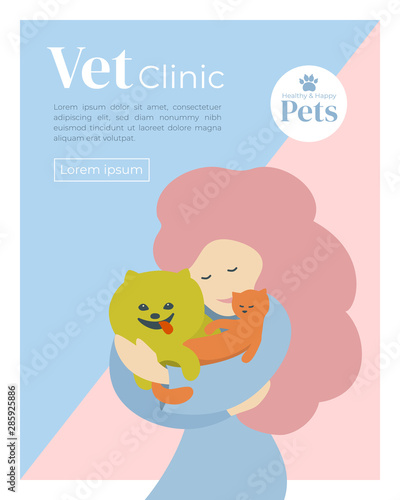 Design for vet clinic, pet care, medicine, veterinary hospital. Vector illustration with cute girl hugging cat and dog. Logo Healthy and Happy Pets. Template for posters, booklet, banner, flyers, web.