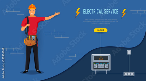 Vector Illustration of Electrical service. Horizontal banner with cartoon electrician in red uniform with work tool bag, holding cable and standing near electric panel with sockets.