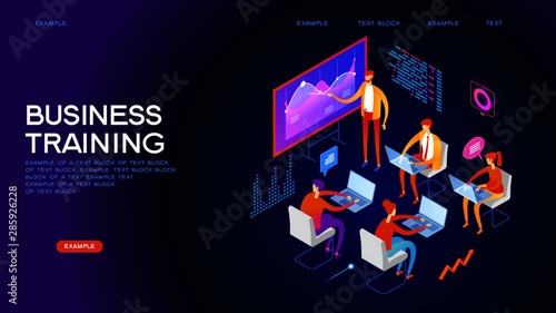 Business training concept. Corporate training, seminar. People team contemporary management. Flat isometric vector illustration.