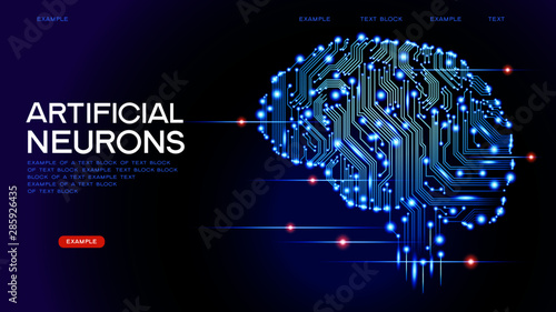 Neural network. Deep learning. Artificial intelligence concept. Robot face and building abstract background