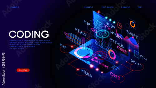 Workflow group of programmers. Programmers in the coding process. Programming concept.  3D vector isometric illustration.