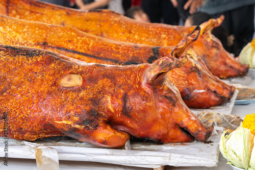 Pigs roast cooked over hot coals, grilled pig on the fire