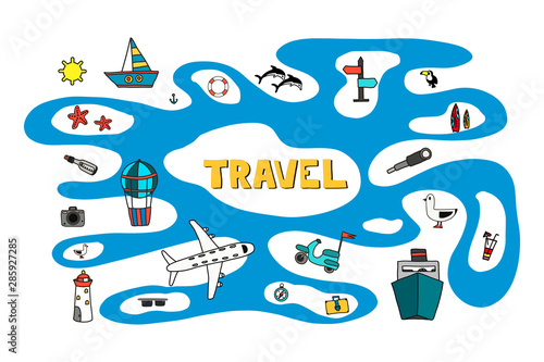 Travel background with doodles elements. Vector illustration.