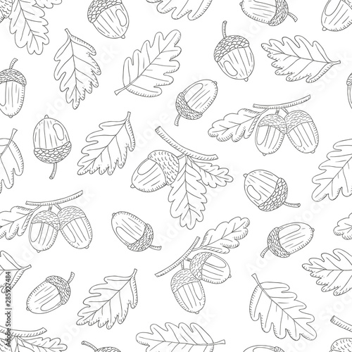 Vector hand drawn seamless pattern with colorful autumn leaves and acorns