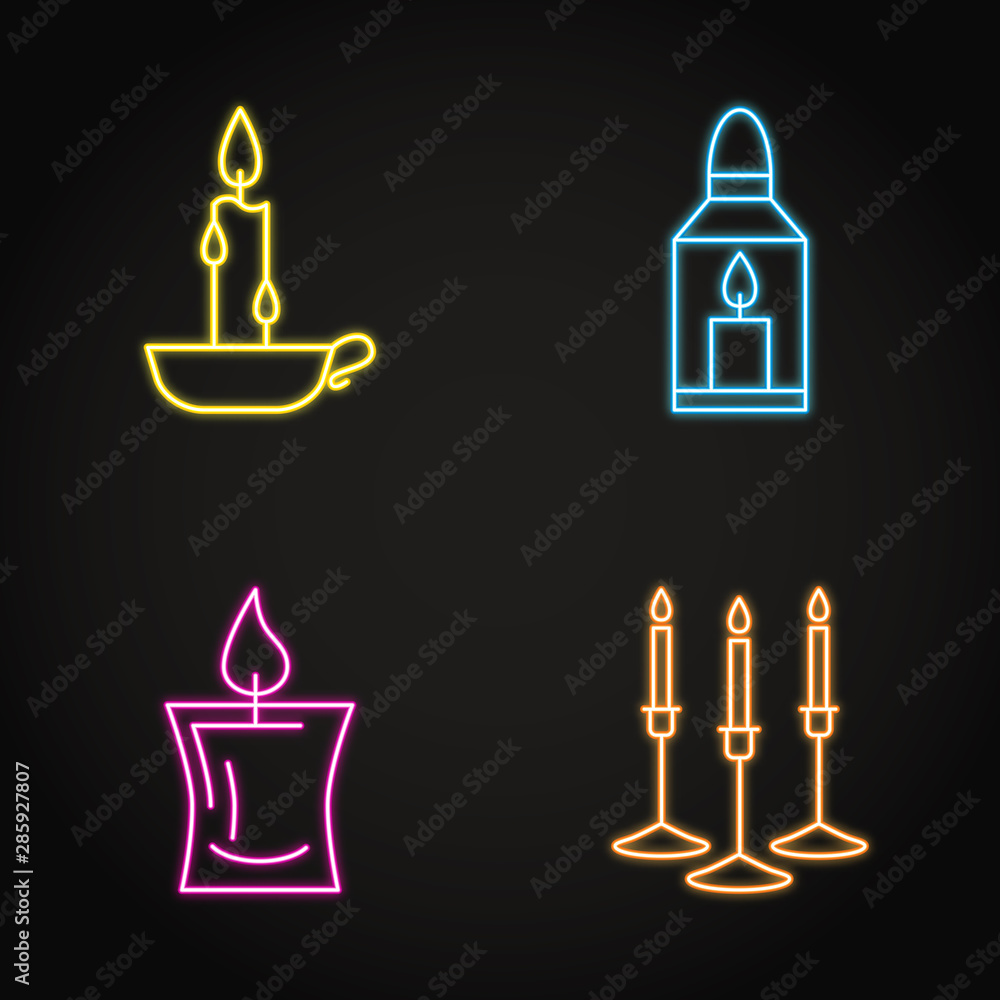 Burning candle icon set in neon line style Burning candle icon set in neon line style