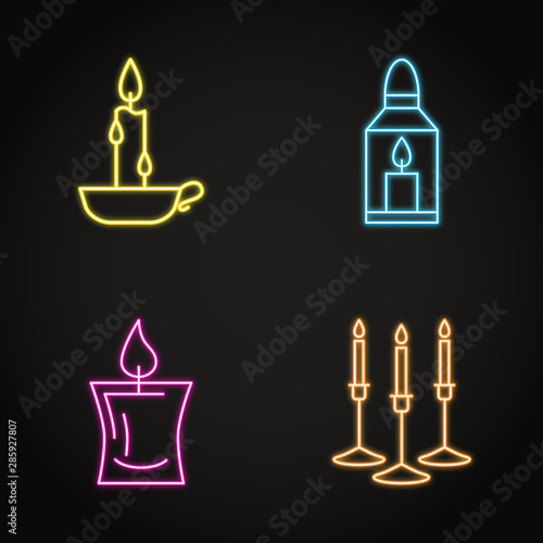 Burning candle icon set in neon line style