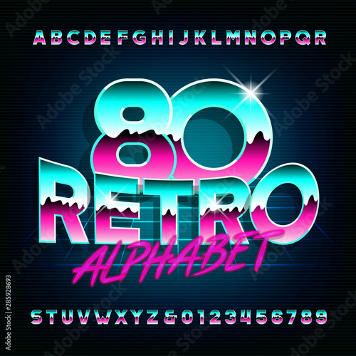 80s Retro alphabet font. Shiny letters and numbers on dark background. Stock vector typescript for your typography in retro 80s style.