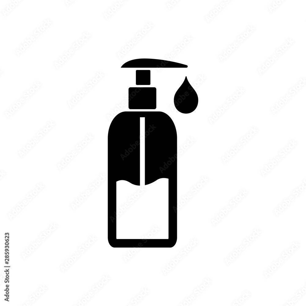 Liquid soap bottle with drop glyph icon. Silhouette symbol. Shower gel. Negative space. Vector isolated illustration Liquid soap bottle with drop glyph icon. Silhouette symbol. Shower gel. Negative space. Vector isolated illustration