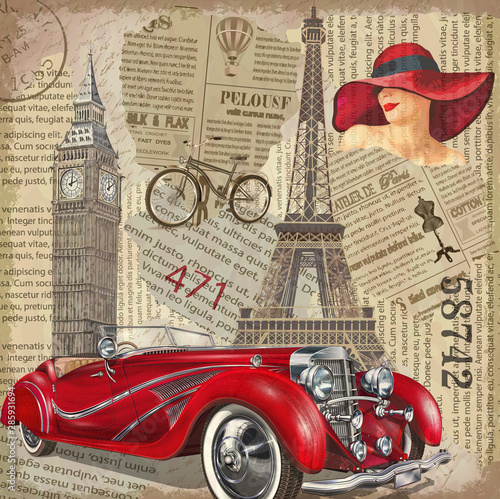 Vintage poster Paris,London torn newspaper background.